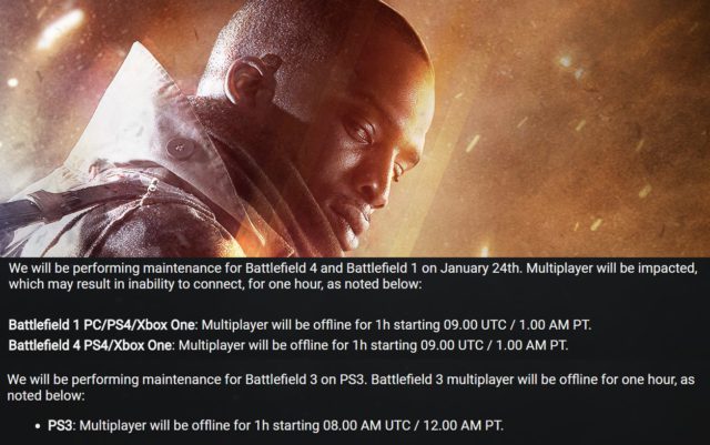 Heute: Battlefield 1, Battlefield 4 und Battlefield 3 Wartungsarbeiten 1 DICE hat kurzfristig umfangreiche Wartungsarbeiten an verschiedenen Battlefield Titeln angekündigt.
