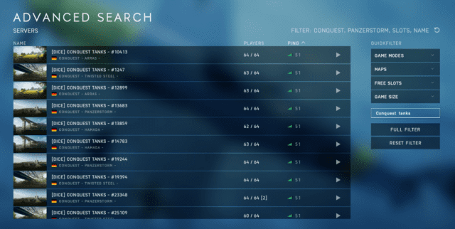 DICE hat ein spezielles "Conquest Tanks" Preset zum vereinfachten Abschließen der Tides of War Mission "Eisenhaut" veröffentlicht 1 Ihr findet die Server mit dem Suchbegriff "Conquest Tanks" im Serverbrowser
