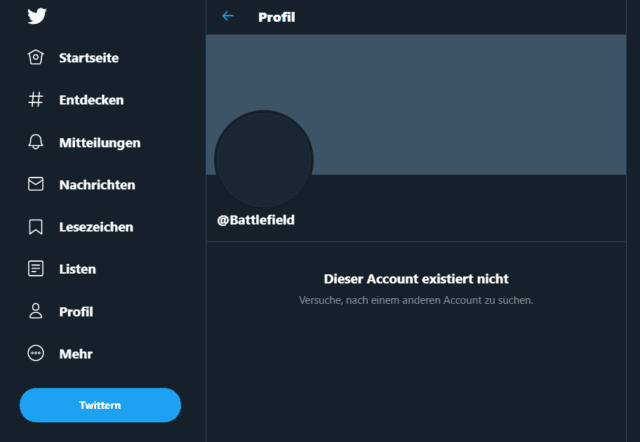 Offizieller Battlefield Twitter Kanal gelöscht! Nur ein technischer Fehler? 1 Dieser Account existiert nicht. Der Offizielle Battlefield Twitter Kanal wurde gelöscht.