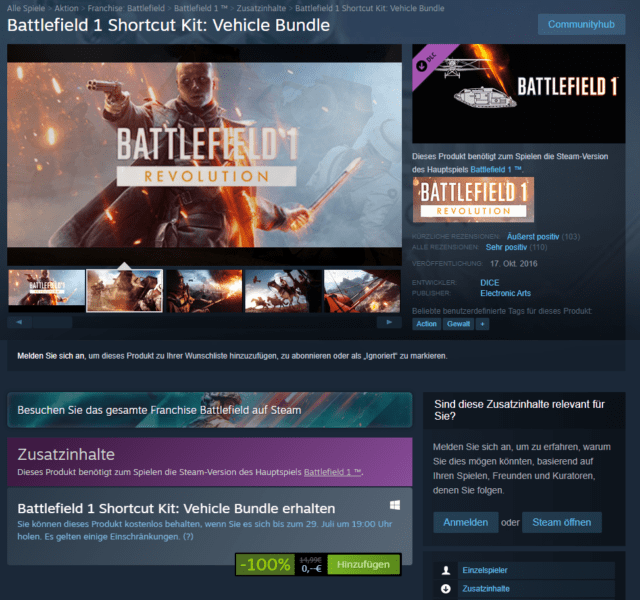 Battlefield 1 Shortcut Kit: Vehicle Bundle gratis auf Steam 1 Battlefield 1 Shortcut Kit Vehicle Bundle 1