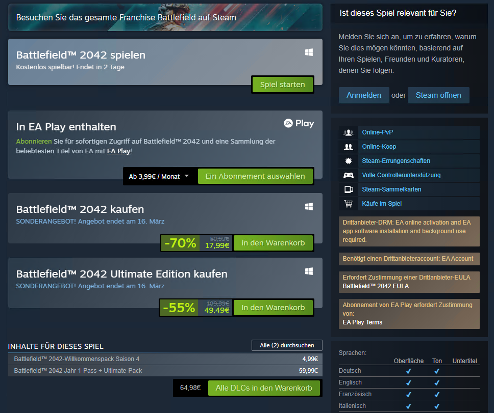Battlefield 2042: Kostenlose Spielzeit für PC Spieler über Steam vom 13. bis 16. März und große Rabatt-Aktion 1 Battlefield 2042 Steam Free Access 2